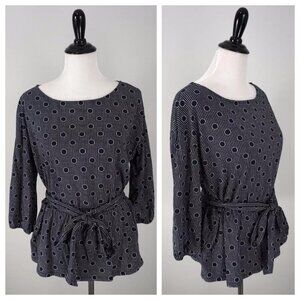 Ann Taylor Factory Black White Polka Dot Belted 3/4 Sleeve Top Shirt Size Medium